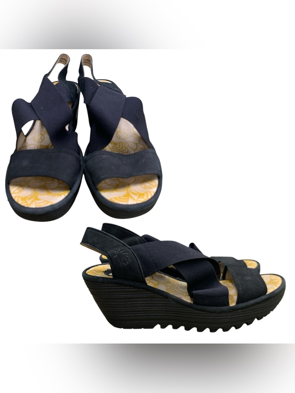 Fly London Navy Crisscross Elastic Wedge Sandals S7